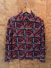 Vintage 70s red grey geometric pattern long sleeve nylon disco shirt size small